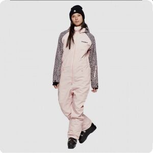 Oneskee Light Pink Snowsuit with leopard Patterned Sleeves